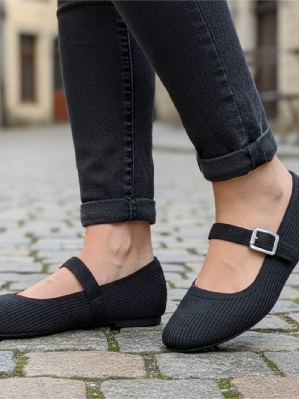 Mia Women's Black Mary Jane Ribbed Knit Comfortable Flats Size 7.5